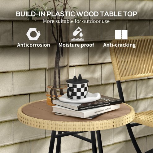 Outsunny Outdoor Coffee Table, Garden PE Rattan Side Table with Plastic Wood Table Top, X-Shape Support for Indoor, Outdoor, Balcony, Patio, Natural Wood Finish