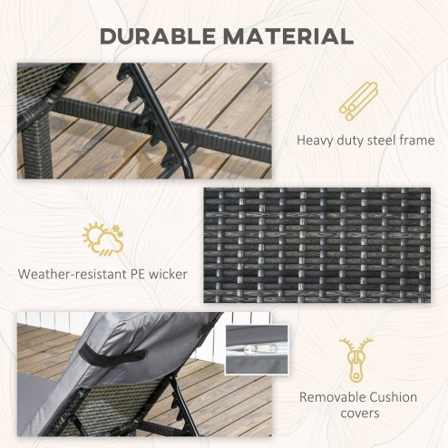 Outsunny Rattan Sun Lounger Set of 2, 5-Level Adjustable Garden Lounger Recliner with Cushion and Headrest, Outdoor Reclining Sunbed, Steel Frame Garden Chair for Patio, Beach, Terrace, Dark Grey