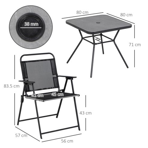Outsunny 5-Piece Garden Dining Set with 4 Foldable Armchairs, Outdoor Furniture Set with Parasol Hole and Wood-plastic Composite Top Dining Table, Mesh Seat, Black