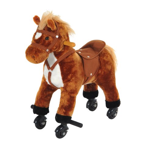 HOMCOM Rocking Horse Kids Ride on Walking Horse Animal Pony Wheeled Riding Plush Toy w/Sound for 3 Years and Up (Brown) Image