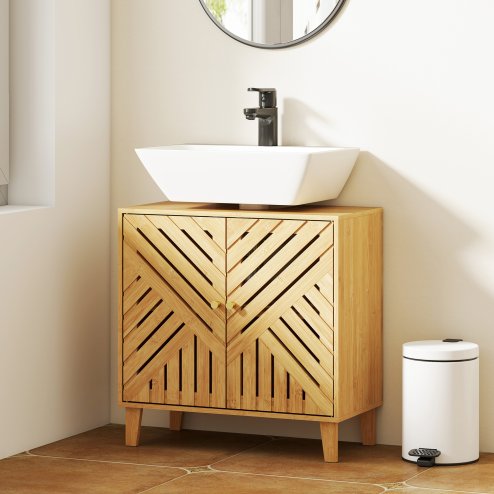 HOMCOM Under Sink Bathroom Cabinet, Bamboo Freestanding Under Sink Cabinet with Adjustable Shelf and Slat Doors for Basin without Pedestal, Natural