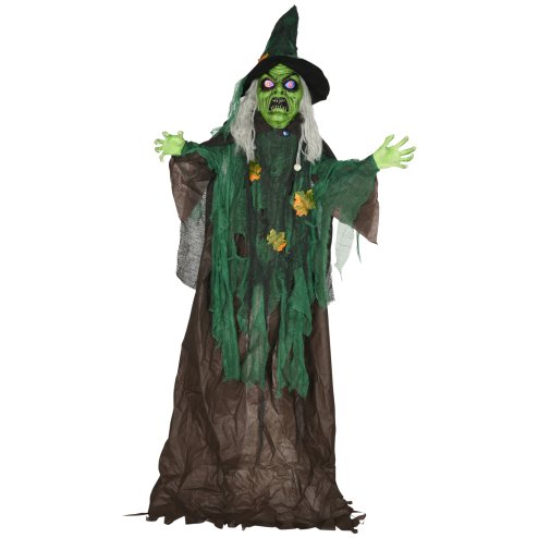 HOMCOM 6ft Outdoor Halloween Decoration Witch, Standing Witch Prop Life Size with Sound and Motion Activated, Light Up Eyes Magical Heart, Talking Sound, Posable Arms, Moving Head