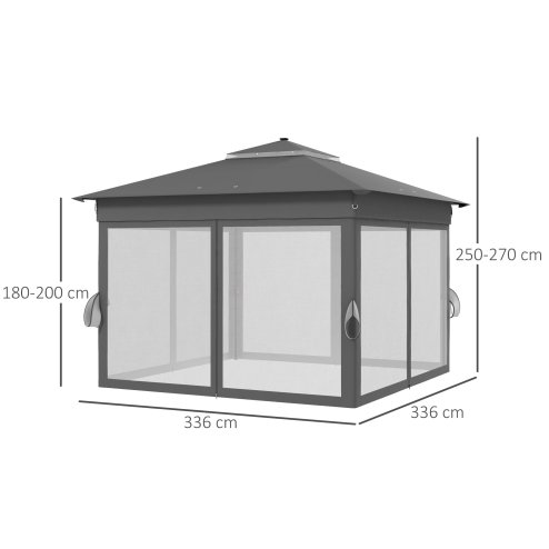 Outsunny 3 x 3(m) Pop Up Gazebo with Sides, 20 Solar-Powered LED Lights, Netting, Roller Bag, 4 Weight Bags, Marquee Party Tent, Height Adjustable Instant Event Shelter, Grey