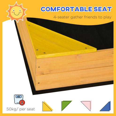 Outsunny Kids Wooden Sand Pit, Children Sandbox w/ Non-Woven Fabric, Four Seats, for Gardens, Playgrounds, 109 x 109 x 20cm - Natural Wood Effect