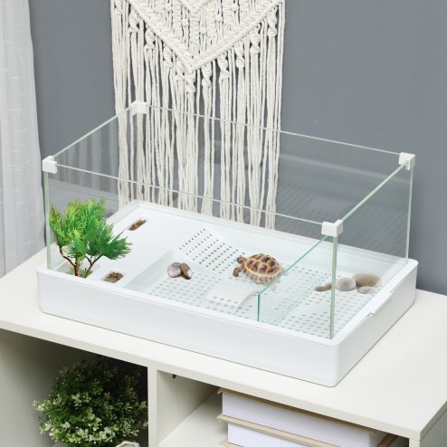 PawHut 50cm Turtle Tank Aquarium, Glass Tank with Basking Platform, Filter Layer Design, Full View Visually Terrapin Reptile Habitat, White