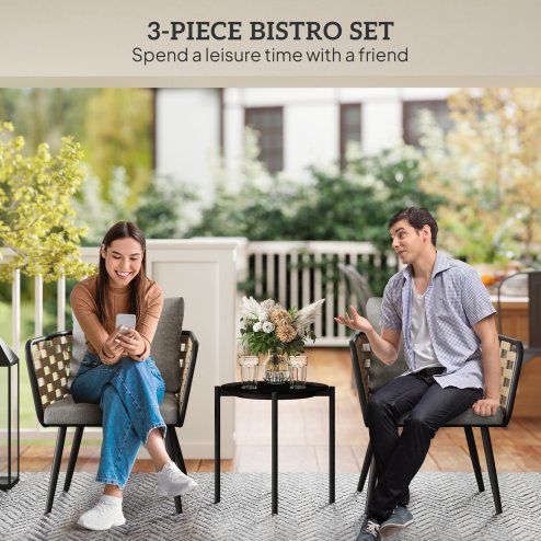 Outsunny 3 Pieces Rattan Bistro Set, Wicker Garden Furniture Set with Washable Seat and Back Cushions, Glass Top Coffee Table, for Outdoor, Patio, Black