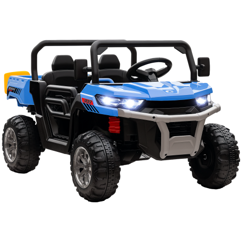 HOMCOM 2 Seater Kids Ride On Car with Electric Bucket, 12V Battery Powered Electric UTV with Shovel, Parental Remote, 4 Spring Suspension Wheels, Working Horn, Music - Blue
