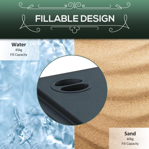 Outsunny Square Parasol Base with Wheels, 45kg Water or 60kg Sand Filled, Heavy Duty HDPE Umbrella Stand with Double Adjustable Knob, Fillable Parasol Stand for 38mm and 48mm Poles, Black