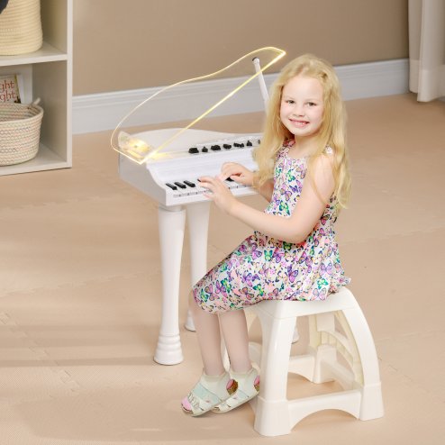 AIYAPLAY 32 Keys Kids Piano Keyboard with Stool, Lights, Microphone, Multiple Sounds, Removable Legs, Electronic Musical Instrument for Boys Girls, White