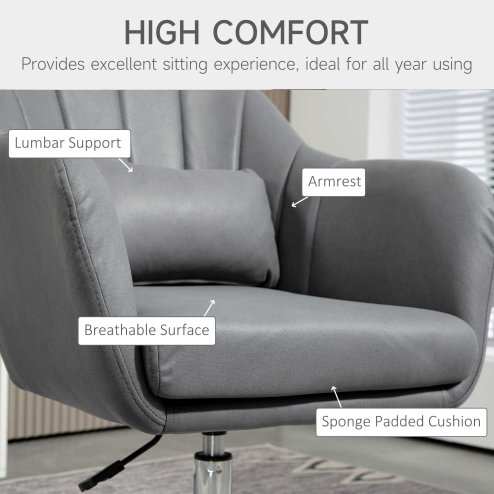 HOMCOM Swivel Microfibre Accent Chair for Living Room Contemporary Vanity Armchair with Adjustable Height Thick Cushion Lumbar Support Armrest for Bedroom Office Dark Grey