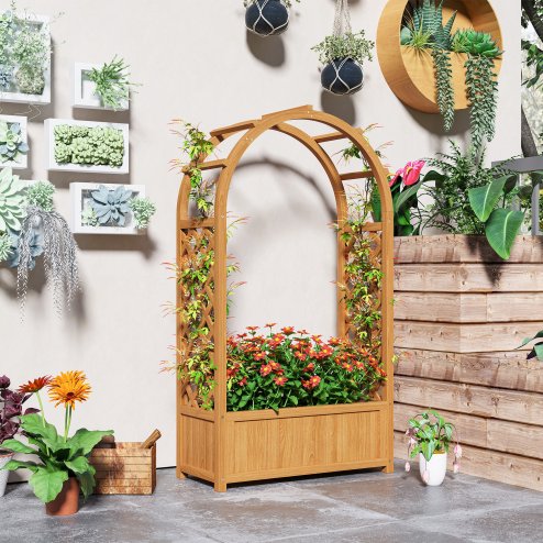 Outsunny Wooden Raised Garden Bed with Arch Trellis, Fabric Liner, Garden Planter Box with Drainage Holes, Trellis Planter for Vine Climbing Plants, Flowers, Herbs, Vegetables, 83 x 36 x 145 cm