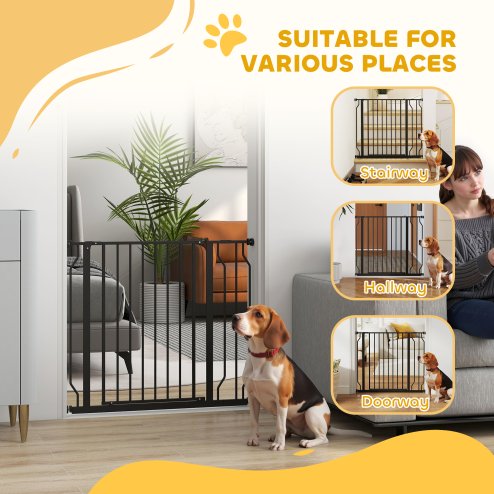 PawHut Dog Gate Wide Stair Gate w/ Door Pressure Fit Pets Barrier for Doorway, Hallway, 76H x 75-95W cm - Black