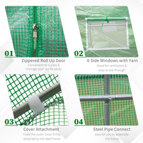 Outsunny 4.5m x 2m Walk-In Polytunnel Greenhouse, with Steel Frame, PE Cover, Roll-Up Door and 6 Windows, Green