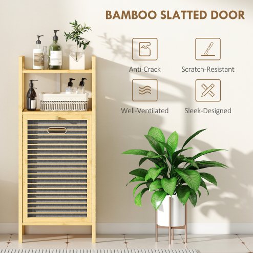 HOMCOM Bamboo Laundry Cabinet with Slatted Door, Bathroom Cabinet with Tilt-Out Hamper and Removable Liner Bag, 40 x 30D x 95 cm, Natural Wood Finish