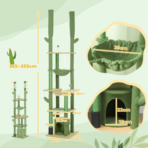 PawHut Floor to Ceiling Cat Tree, 225-255cm Adjustable Cat Tower Indoor, Multi-Level Activity Centre with Sisal Scratching Posts, Grooming Brush Post, Hammocks, Green