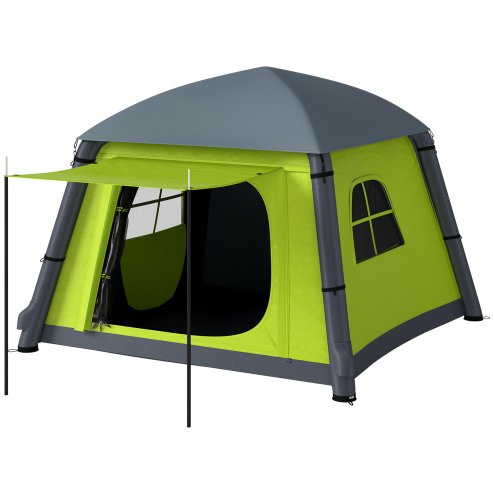 Outsunny Inflatable Camping Tent w/ Hand Pump, Easy Setup 1/2 Person Blow Up Tent Waterproof 190T Taffeta w/ Mesh Windows, Doors and Carry Bag, Green