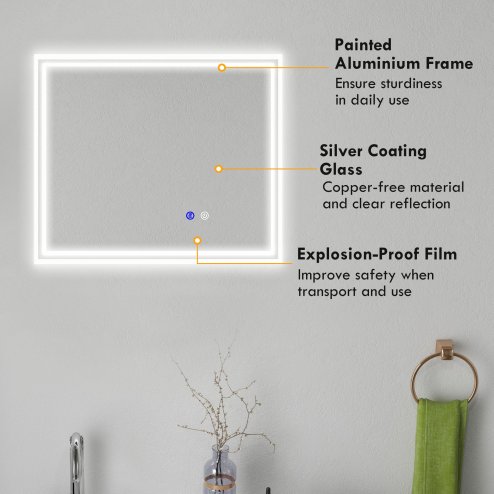 kleankin Bathroom Mirror with LED Lights, Dimmable Makeup Mirror with 3 Temperature Colours, Defogging Film, Memory Function and Aluminium Frame, Hardwired, Horizontal and Vertical, 60 x 50?cm
