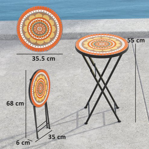 Outsunny Mosaic Outdoor Garden Table, 35.5cm Round Folding Coffee Table with Metal Frame for Balcony Terrace, Orange