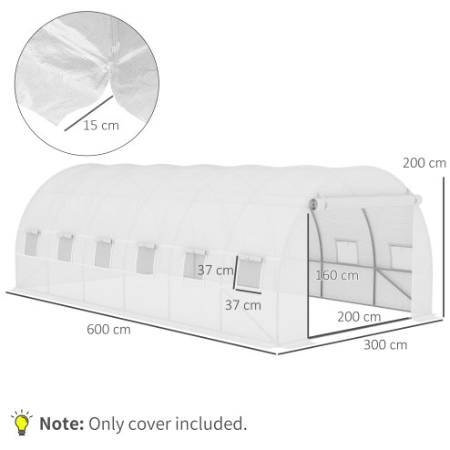Outsunny 6 x 3 x 2m Greenhouse Replacement Cover ONLY Winter Garden Plant PE Cover for Tunnel Walk-in Greenhouse with Roll-up Windows Door Outdoor, White