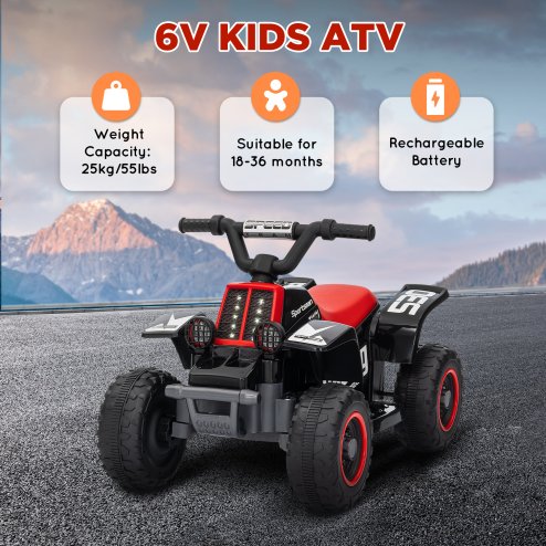 AIYAPLAY 6V Electric Car for Kids, Battery Powered Kids ATV, Quad Bike with Forward Backward, LED Headlights, for Ages 18-36 Months, Red