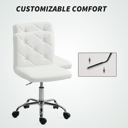 HOMCOM PU Leather Armless Office Chair, Modern Vanity Computer Swivel Chair with Rolling Wheels and Adjustable Height for Home Study, Bedroom, White