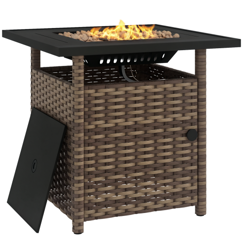 Outsunny Outdoor Rattan Gas Fire Pit Table, 50,000 BTU Square Garden Table with Fire Pit, Rain Cover, Wind Guard, Pulse-Ignition and Volcanic Rock, 72.5 x 72.5 x 67.5 cm, Mixed Brown