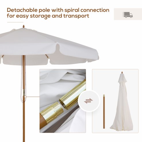 Outsunny 3.3m Wooden Garden Parasol Umbrella, Outdoor Sun Shade Canopy with 8 Bamboo Ribs, Ruffles and 4.7 cm Wood Pole for Balcony Deck Yard Market Beach Pool, Cream White