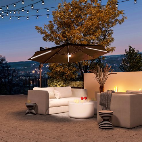Outsunny 3(m) Cantilever Roma Parasol Garden Sun Umbrella Outdoor Patio with 360 Rotation Crank & Tilt Aluminium Frame LED Solar Light Cross Base, Dark Grey