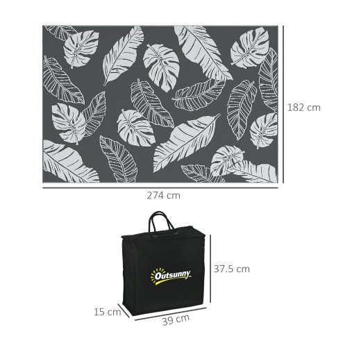 Outsunny Reversible Outdoor Rug with Carry Bag, Waterproof Plastic Straw Mat for Garden, Deck, RV, Picnic, Beach, Camping, 182 x 274cm, Grey and White