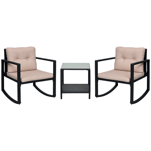 Outsunny 3 Pieces Rattan Garden Rocking Chair Set, Outdoor Rocking Bistro Set w/ 2 Cushioned Armchair and Glass Top Two-tier Coffee Table, Black