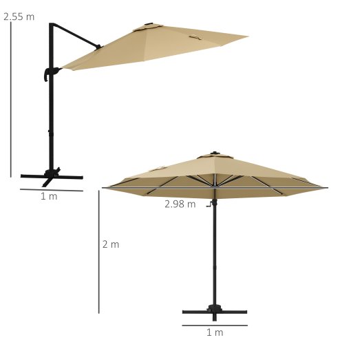 Outsunny 3(m) Cantilever Roma Parasol Adjustable Garden Sun Umbrella with LED Solar Light, Aluminium Frame, Tilt & Crank, UV50+, Cross Base Rotating Outdoor- Khaki