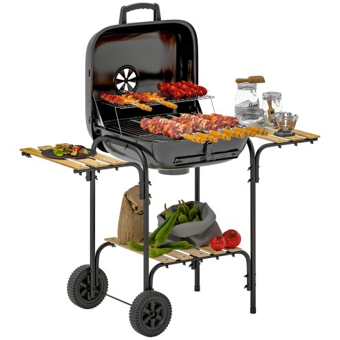 Outsunny Charcoal Barbecue Grill Portable BBQ Grill with 1840 cm? Cooking Area, 3 Shelves, Adjustable Vent, Lockable Lid, Wheels for Outdoor Cooking, Garden Party, Black