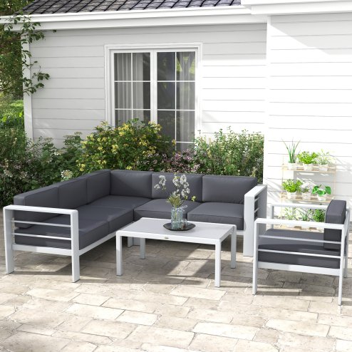 Outsunny 5-Piece Garden Corner Sofa Set with Cushions, 6 Seater Aluminium Garden Furniture Set with Glass Top Coffee Table, Patio Sectional Conservatory Furniture for Patio & Terrace, Light Grey