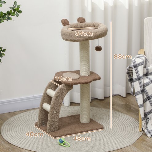 PawHut Cat Tree for Indoor Cats, 88cm Cat Tower with Sisal Scratching Post, Hanging Ball, Large Cat Perch, Stairs, Cat Activity Centre for Kitten, Brown