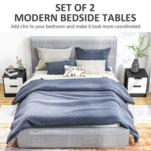 HOMCOM Bedside Tables Set of 2, Nightstands with 2 Drawers, Modern Bedside Cabinets with Storage for Bedroom, Living Room, White and Black