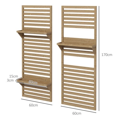 Outsunny Set of 2 Wall Mounted Plant Stand with Trellis, 170cm Wooden Plant Rack with Hanging Planter Shelves and Slatted Trellis for Climbing Plants, for Patio, Balcony, Porch, Natural