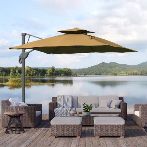 Outsunny 3 x 3 m Cantilever Parasol with Hydraulic Opening, Heavy Duty Aluminium Hanging Garden Parasol, Double Top Square Patio Umbrella with 360 Rotation, 8 Ribs, Cross Base, Khaki