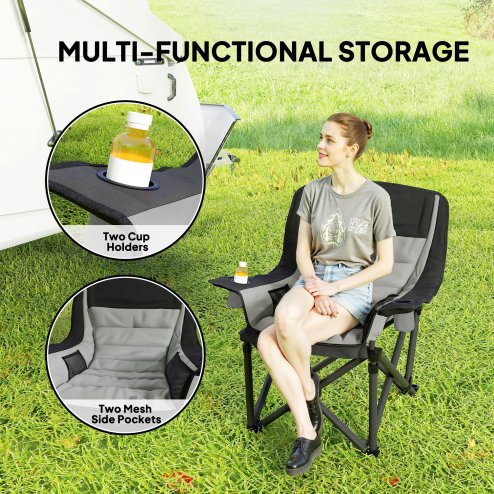 Outsunny Folding Camping Chair for Adults, Portable Padded Folding Chair with Cup Holders, Side Pockets and Carry bag for Picnic, Hiking, Fishing, Grey