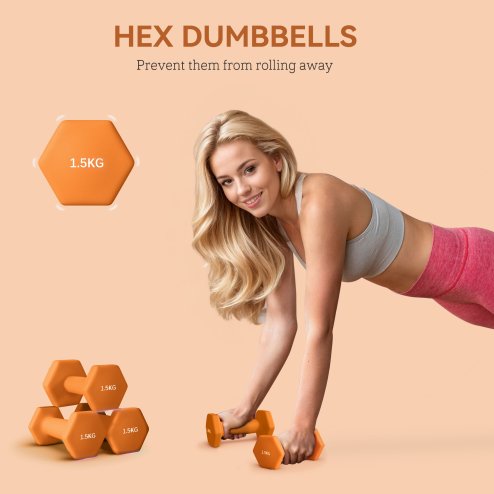 SPORTNOW Set of 2 Hex Dumbbells, Neoprene Weights Pair with Non-Slip Grip, Home Gym Fitness Training Equipment, 2 x 1.5kg, Orange