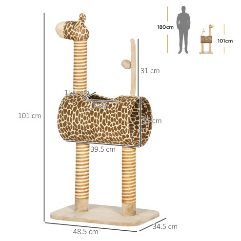 PawHut Cat Tree for Indoor Cats Cute Giraffe Kitten Play Tower w/ Scratching Posts, Tunnel, Toy Ball, 48.5 x 34.5 x 101cm - Beige