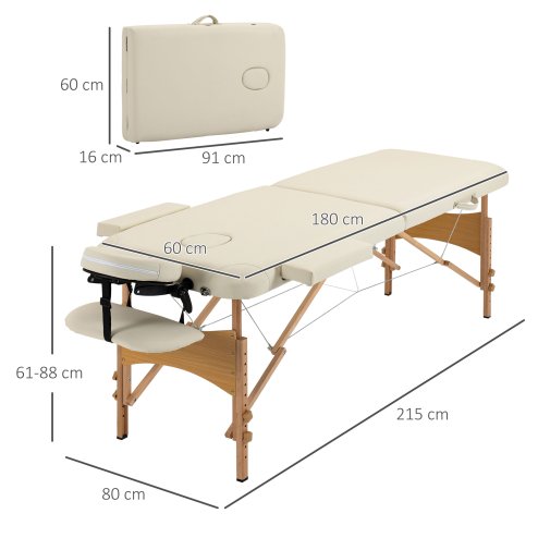HOMCOM Portable Massage Bed, Folding Spa Beauty Massage Table with 2 Sections, Carry Bag and Wooden Frame, Cream White