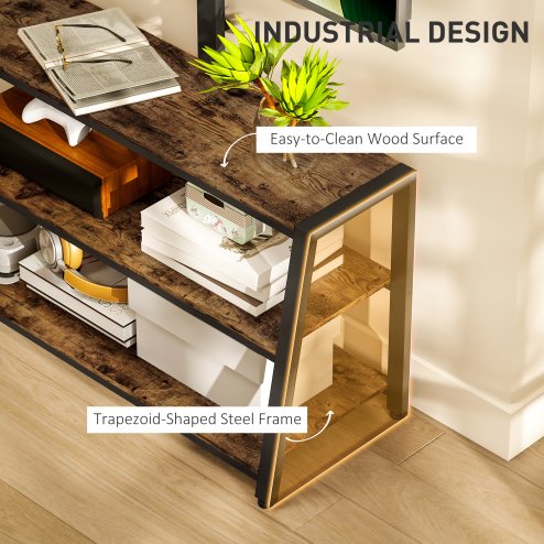 HOMCOM TV Stand Cabinet with Swivel Bracket for 32 - 65 Inch TVs, Industrial TV Cabinet with Open Shelves, Cable Management, Trapezoid-Shaped Steel Frame for Living Room, Bedroom, Rustic Brown