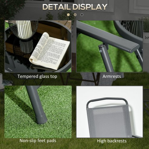 Outsunny Garden Bistro Set, 3 Pieces Table and Chairs Set, Outdoor Garden Furniture with Foldable Breathable Mesh Fabric Armchairs & Glass Top Coffee Table, Light Grey