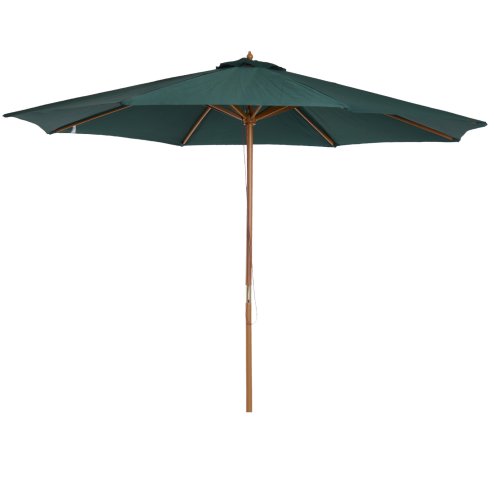 Outsunny 3(m) Garden Parasol, Pulley Operated Patio Umbrella, Wooden Parasol, Table Market Umbrella with Rope Pulley Mechanism and 8 Ribs, Dark Green