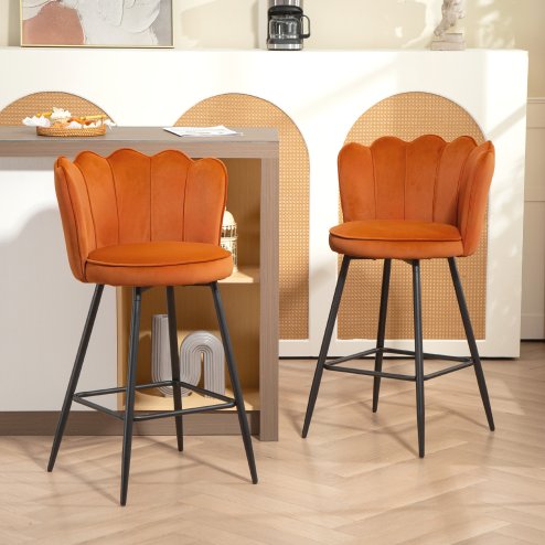 HOMCOM Bar Stools Set of 2, Modern Velvet-Feel Barstools with Petal Backrest and Footrest, Upholstered Breakfast Bar Chairs with Metal Legs for Kitchen Island Counter, Dining Room, Orange