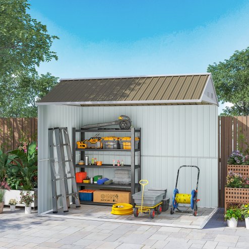 Outsunny 8 x 6 ft Garden Shed, Metal Shed with Double Doors, Window and Air Vents, Galvanised Outdoor Lockable Tool Storage House, Grey