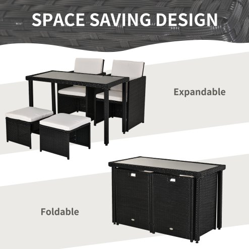 Outsunny 2 Seater Rattan Cube Garden Furniture Set, Rattan Dining Set with Cushions, Outdoor Dining Table and Chairs with 2 Armchairs, 2 Stools, Rectangular Glass Top Table for Patio, Balcony
