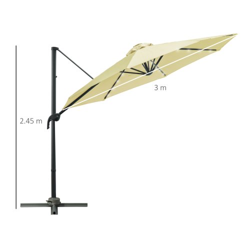 Outsunny 3(m) Cantilever Roma Parasol Patio Sun Umbrella with Crank & Tilt LED Solar Light Cross Base 360 Rotating Outdoor, Beige