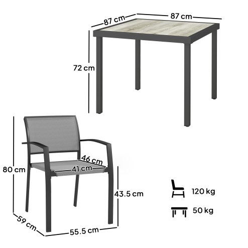 Outsunny 4 Seater Garden Dining Set, 5 Piece Garden Furniture Set with 4 Stackable Armchairs, Outdoor Table and Chairs with Easy Clean Top, Steel Frame, Texteline Seat, for Terrace, Balcony, Grey