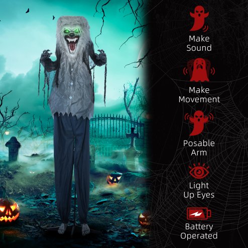 HOMCOM 210cm Skeleton Werewolf Outdoor Halloween Decoration, Halloween Animatronic with Sound Activated, Light Up Eyes, Sound Effects, Animated Prop for Haunted House